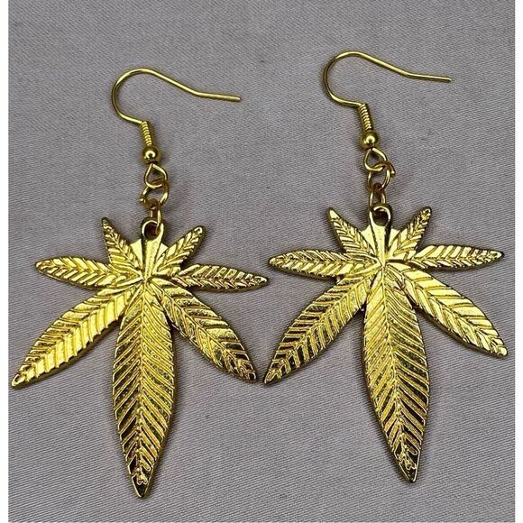 Handmade Gold Large Pot Leaf Dangly Earrings - Picture 2 of 3